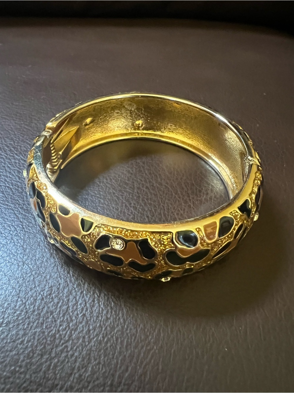 Bracelet Bangle with Enamel and Rhinestones Gold Tone Metal Black Brown